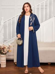 Al Najma Plus Size Solid Color Leaf Embroidered Long Sleeve Maxi Abaya For Women - Navy Blue - View 5