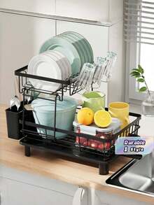 2-Tier Kitchen Dish Drying Rack, Cutlery Holder For Countertop, Large Capacity Space Saving, Kitchen Accessory - Black - View 1