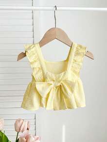 SHEIN Blus Bayi Perempuan Kasual Lucu dengan Tekstur dan Pita, Serbaguna untuk Musim Panas - Mustard Yellow - View 6