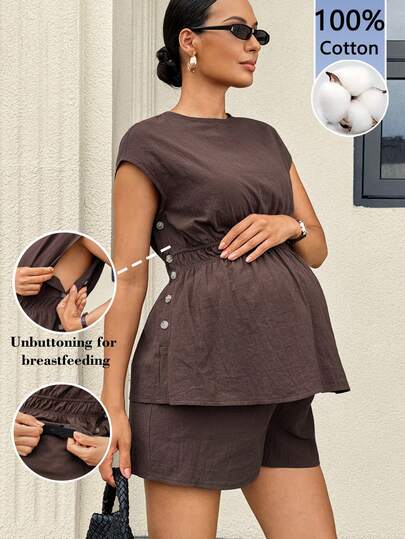 MaterniWear Bộ đồ bầu màu trơn cổ tròn tay ngắn và quần short kiểu dáng thường ngày.