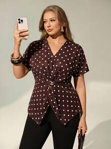 Auralis Plus Size Women Polka Dot Print Metal Buckle Ruched Short Sleeve Blouse Casual Brown Blouse For Women Elegant Office Formal Work Blouse For Women Going Out Tops For Women  Going Out Outfits Tops For Going Out - Brown - View 2