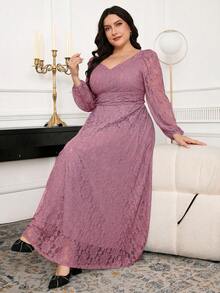 Modelyn Plus Size Women Lace Lantern Sleeve Ruched Waist Elegant Dress Fall - Dusty Pink - View 3