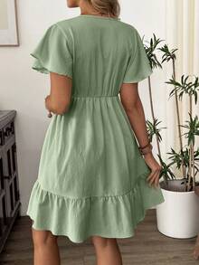 SHEIN Women's V-Neck Ruffle Trim Maternity Midi Dress With Puff Sleeves, Apricot - Army Green - View 2