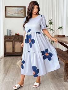 Weeklong Vestido casual de vacaciones con cuello redondo, manga corta y estampado floral para mujer de talla grande - Neblina azul - Ver 6