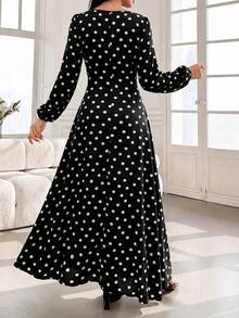 Modelyn Round Neck Lantern Sleeve Side Drawstring Dual-Color Print Dress - Black - View 4