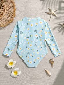 Young Girls' Long Sleeve One-Piece Swimsuit With Daisy & Bow Print, Suitable For Beach, Resort, Spa, Swimming Pool - Multicolor - View 2