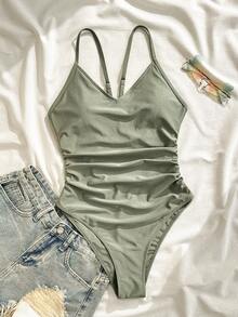 Swim SPRTY Women's Solid Color Ruched Backless One-Piece Swimsuit For Vacation - Army Green - View 3