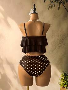 Swim Lushoire Women's Beach Vacation Ruffle Strap Tankini Set, Random Print - Brown - View 6