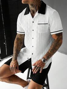 Manfinity Homme Men's Color Block Single-Breasted Short Sleeve Shirt And Shorts Casual Daily Suit - Multicolor - View 6