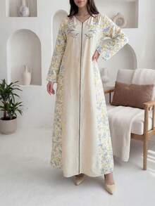 Al Najma Women's Floral Print V-Neck Elegant Long Sleeve Arabic Dress - Multicolor - View 6