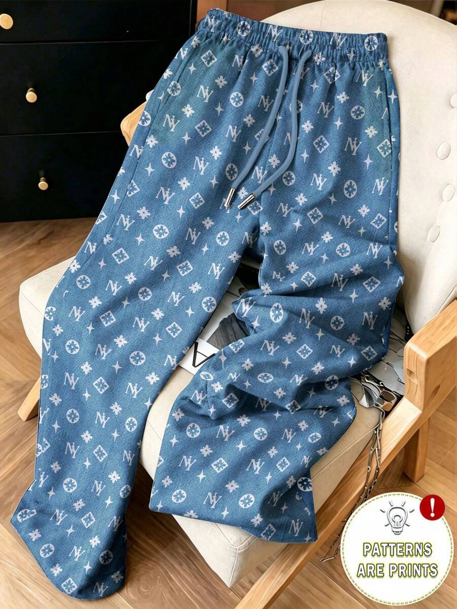Resyla 女款休閒度假時尚街頭日常通勤全印花抽繩腰長褲 藍色 秋季 - 彩色 - 查看 1