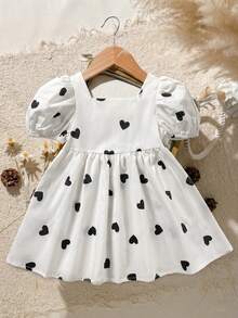 Loomiva Baby Girl Heart Pattern Square Neck Petal Sleeve Cinched Waist Dress - White - View 5