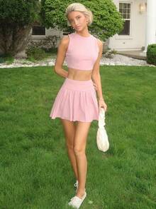 Sydney Algeri Women's Casual Solid Color Round Neck Cropped Tank Top And Pleated Mini Skirt 2pcs Set, Summer Pink - Pink - View 6
