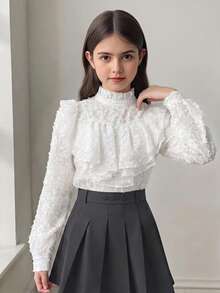SHEIN Áo kiểu nữ tuổi teen màu trắng trơn, thanh lịch, tinh tế, phong cách cổ điển cung đình, cổ đứng, bèo nhún, chất liệu jacquard, tay loe, cài cúc, thích hợp mặc hàng ngày, đi học, quần áo nữ tuổi teen, áo babydoll, áo trắng, áo sơ mi trắng, áo tay dài. - trắng - Xem 3