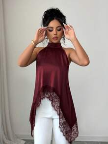 SHEIN Elenzya 女士纯色撞色蕾丝优雅吊带上衣 - 酒紅色 - 查看 3