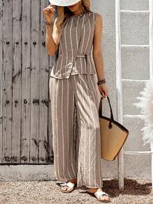 EMERY ROSE Conjunto casual de 2 piezas de top de tirantes envolvente con estampado de rayas y pantalones para mujer - Caqui - Ver 8