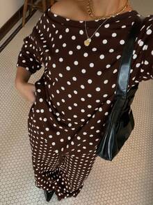 Muchica Plus Size Round Neck Short Sleeve Polka Dot Casual 80s Formal 70's 90s 1950s Vintage 2 Pieces Set Summer Date Dinner Office Brown - Chocolate Brown - View 1