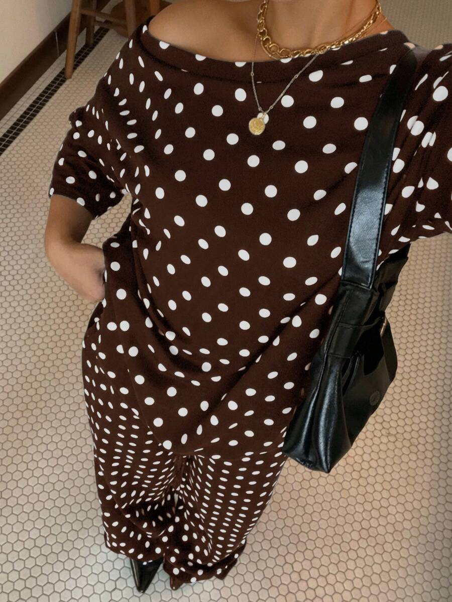 Muchica Plus Size Round Neck Short Sleeve Polka Dot Casual 80s Formal 70's 90s 1950s Vintage 2 Pieces Set Summer Date Dinner Office Brown - Chocolate Brown - View 1
