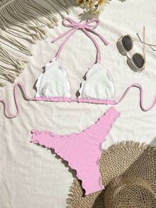 Swim Mod Conjunto de bikini sexy de unicolor con alta elasticidad y ribete de volantes para mujer para vacaciones - Multicolor - Ver 2