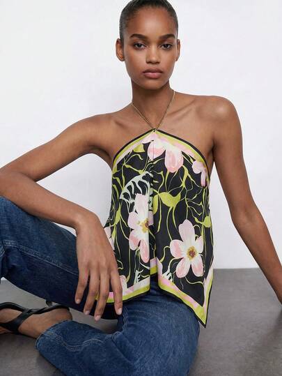 Maija Women's Floral Print Asymmetric Hem Halter Neck Blouse