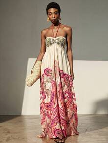 Frievida Chiffon Tie-Dye Print Halter Neck Tie-Up Sleeveless Vacation Dress - Multicolor - View 4