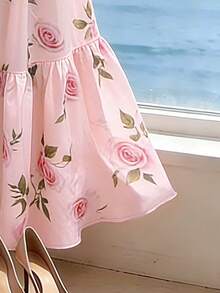 SHEIN Franclia 女士夏季连衣裙，吊带V领印花连衣裙，粉色连衣裙配金色方形金属扣腰带，吊带V领长款连衣裙，度假风连衣裙，通勤休闲连衣裙，夏季假日装扮，情人节装扮，派对连衣裙，婚纱，毕业礼服，夏季度假装扮，户外装扮，时尚休闲通勤连衣裙，百搭时尚日常休闲装 - 粉色 - 查看 9