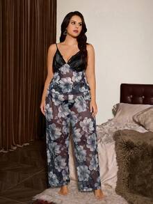 Slumberist Plus Size Women Sexy Sleepwear Set With Mesh Floral Print Patchwork Faux Silk And Lace Trim Camisole And Pajama Pants - Multicolor - View 5