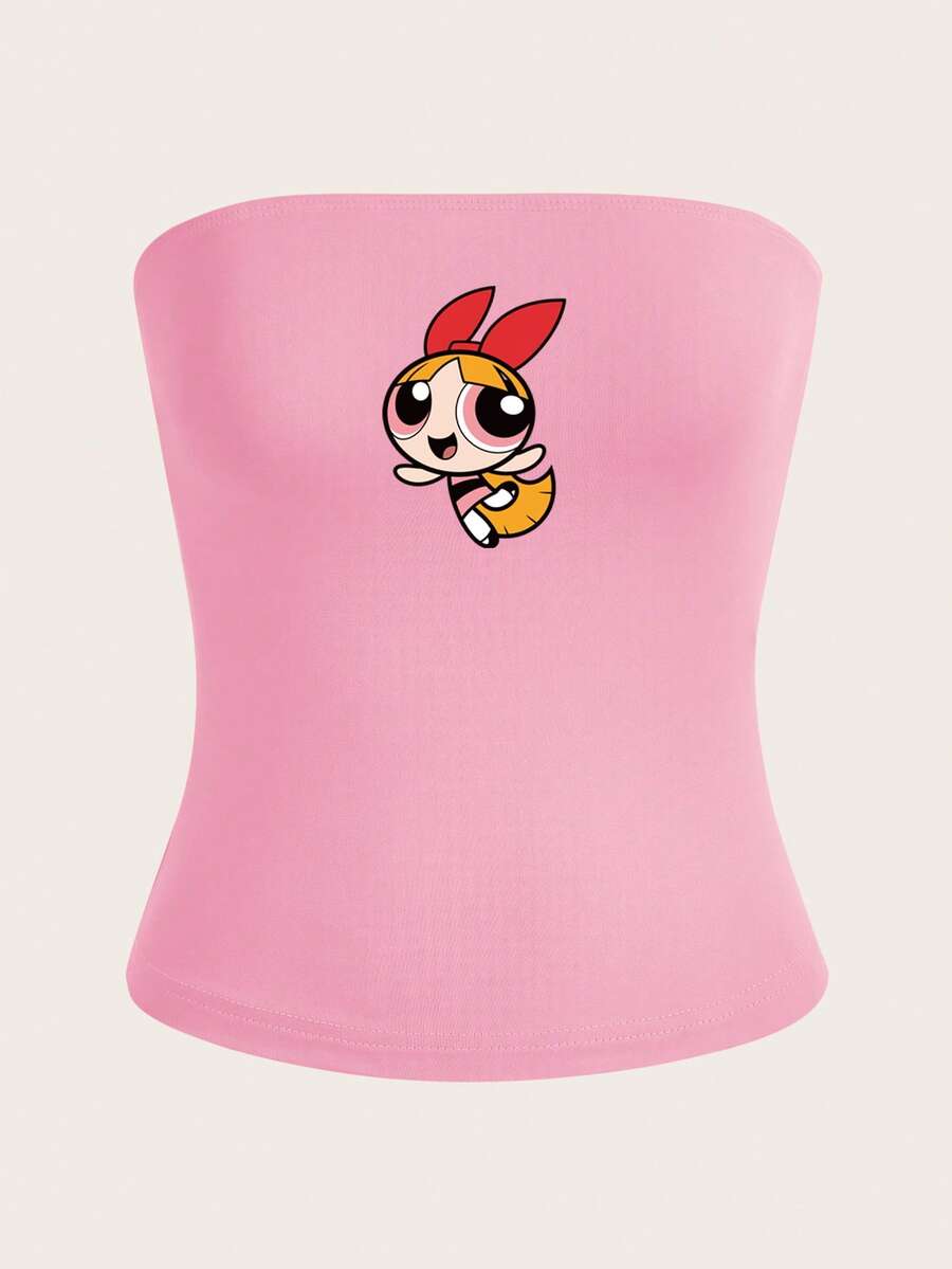 Sweetina THE POWERPUFF GIRLS X SHEIN 女士粉色修身性感休闲抹胸上衣 - 可爱柔美少女风,Y2K复古风,四季皆宜,春夏皆可穿着,是音乐节和西部牛仔风格的完美之选。 - 彩色 - 查看 1