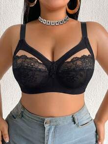 DesireSculpt 1pc Plus Size Lace Patchwork Wireless Bra - Black - View 7