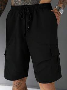 SLATEMANN Men's Solid Color Drawstring Waist Casual Everyday Cargo Shorts, Holiday - Black - View 5