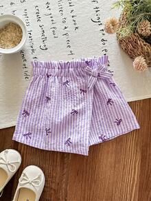 LMoss Kids Quần short xếp ly viền ren hoa sen cho bé gái, màu hồng nhạt, điểm nhấn nơ. - Màu tím - Xem 4