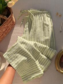 Lyckli Maternity Casual Vacation & Commute Striped Print Drawstring Waist Loose Wide Leg Pants Fall - Yellow - View 1