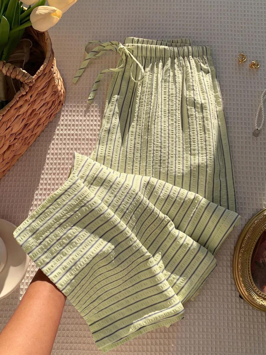 Lyckli Maternity Casual Vacation & Commute Striped Print Drawstring Waist Loose Wide Leg Pants Fall - Yellow - View 1