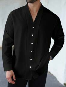 Manfinity Homme Plus Size Men's Casual Solid Color Front Button Long Sleeve Shirt - Black - View 4