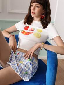 Chillnights Fruit Vegetable Print Knit Comfortable Casual Cute Pajama Set, Short Sleeve Top And Shorts For Women Sleeping Multicolor Blue And White Striped Summer - Multicolor - View 4