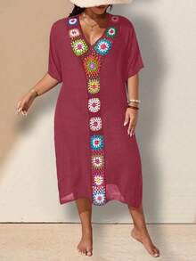 Swim Lushoire Plus Size Women Summer Beach Vacation Patchwork Crochet Loose Cover-Up Dress Boho - Burgundy - View 6