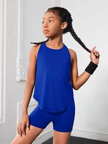 SHEIN Tween Girls' Solid Color Minimalist Sleeveless Knit Set - Blue - View 5