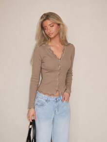 Sydney Algeri Women's Lace Frill Trim Fitted Cardigan Long Sleeve Top Casual - Khaki - View 4