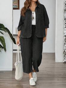 EMERY ROSE Mature Denim Plus Size Drop Shoulder Short Sleeve Front Button Loose Denim Top, Summer Fashion - Black - View 3