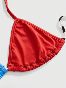 ROMWE Summer Beach Vacation Colorblock Print Triangle Bikini Top Red White And Blue Sexy Y2k - Multicolor - View 4