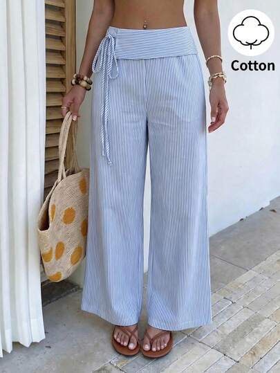 Elamini Quần dài nữ bằng cotton kẻ sọc xanh trắng, cạp thấp, ống thẳng có dây rút, kiểu dáng giản dị, thích hợp cho kỳ nghỉ, đi biển, đi làm, phong cách tối giản cổ điển, đa năng, mùa hè.