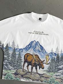 StoneGrade Retro American Outdoor Landscape & Deer Print Oversized Cropped Short Sleeve T-Shirt, Loose Fit Bat Wing Sleeve, White, Summer, Streetwear, City Break Gift, Holiday - White - View 2