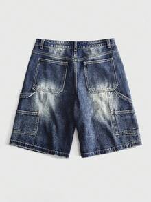 ROMWE MEN Men's Loose Fit Denim Shorts With Sparkling Diamond And Pearl Decor - Blue - View 4