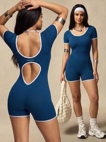 Innovista Mono corto de verano para mujer con mangas cortas, espalda descubierta y ajuste ceñido con ribete de contraste - azul real - Ver 2