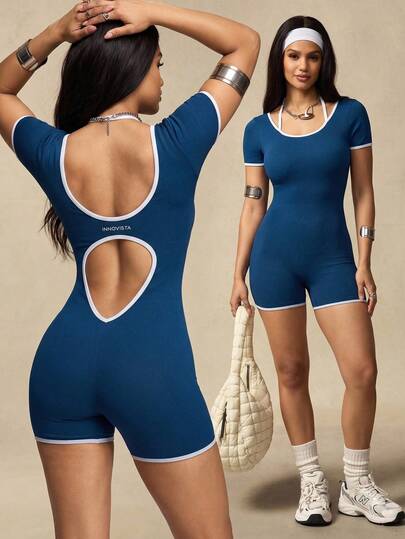 Innovista Bộ jumpsuit ngắn tay ôm sát, không lưng, phối màu tương phản, thời trang mùa hè dành cho nữ, chất liệu co giãn.