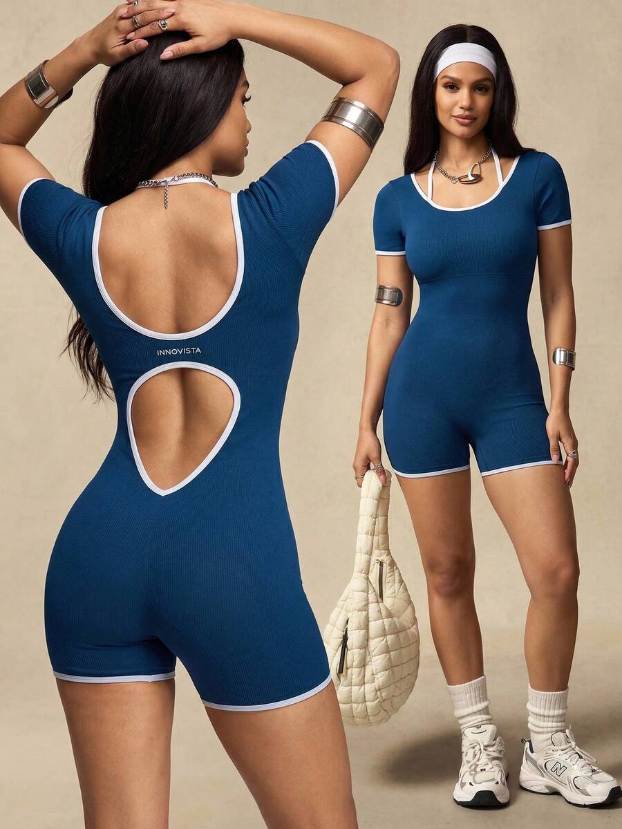 Innovista Mono corto de verano para mujer con mangas cortas, espalda descubierta y ajuste ceñido con ribete de contraste