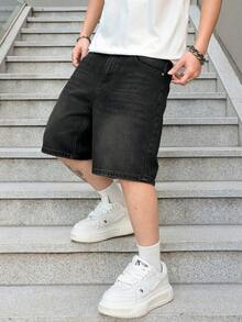 SHEIN Manfinity EMRG 加大码男士灰色牛仔休闲短裤，百搭5英寸内缝 - 黑色 - 查看 3