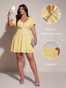Viva Relle Gaun Mini Koktail Musim Panas Kuning Elegan Ukuran Plus untuk Wanita, Gaun Pesta Model Fit & Flare dengan Leher Bentuk Hati dan Lengan Berkerut, Hiasan Berlian Imitasi dan Mutiara - Kuning - View 1