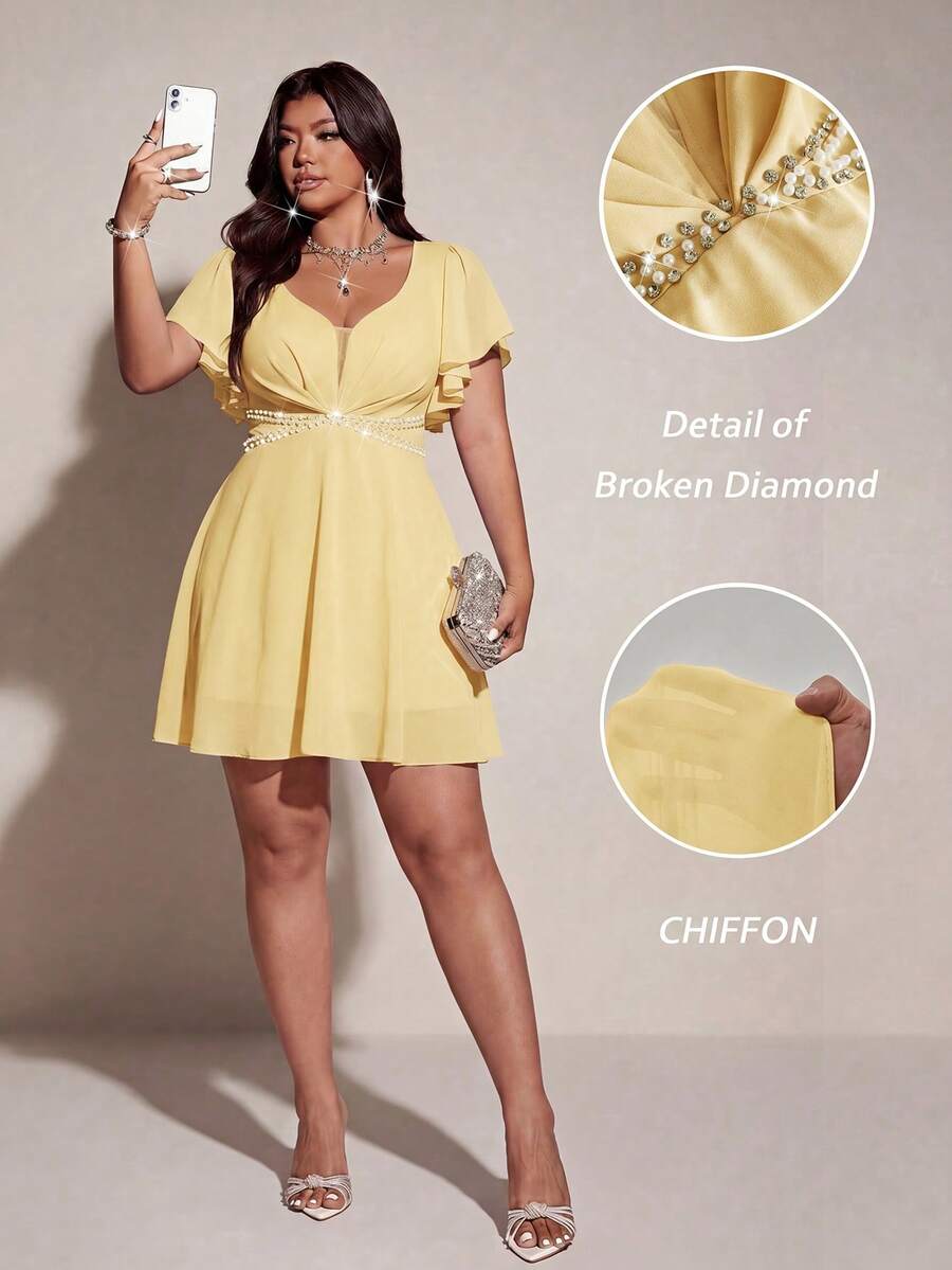 Viva Relle Gaun Mini Koktail Musim Panas Kuning Elegan Ukuran Plus untuk Wanita, Gaun Pesta Model Fit & Flare dengan Leher Bentuk Hati dan Lengan Berkerut, Hiasan Berlian Imitasi dan Mutiara - Kuning - View 1