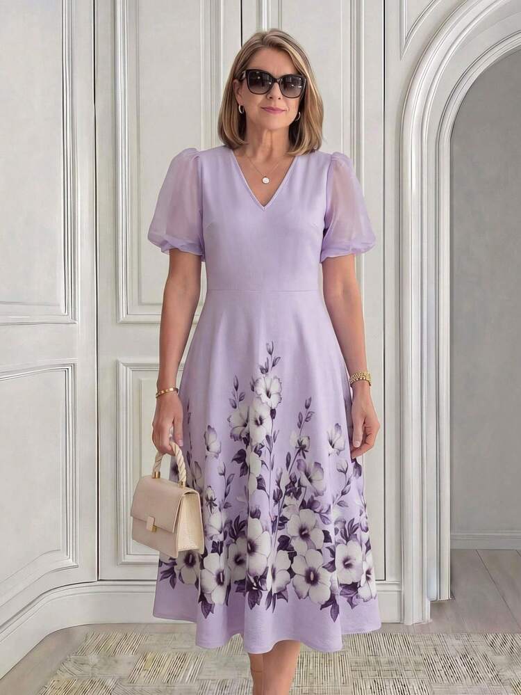 V-Neck Floral Print Casual Dress For Middle-Aged & Elderly Women, Suitable For Gatherings And Outings